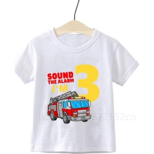 Boys Fireman Birthday Party T-shirt Fire Truck Shirt Boy Train Tees Toddler Kid Construction Truck Shirts