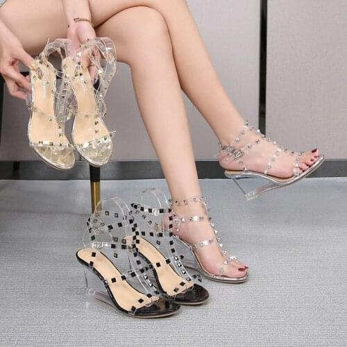 HOKSZVY Rivet Women Sandals Wedge Sandals Female Summer 2021 New Sexy Crystal Transparent High Heels Glass Rivet Sandals LFD