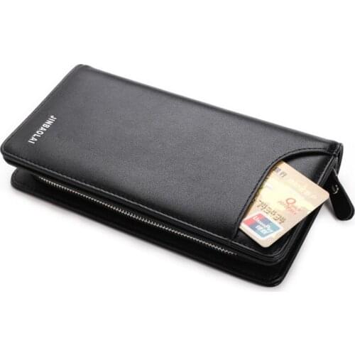 JINBAOLAI Leather Wallet Long Zipper Coin Pocket Clutch Multifunctional Mens Clutch New Clutch Men Card Holder Purse Black