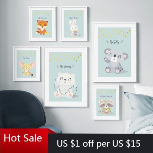 Cute Bear Koala Rabbit Raccoon Fox Nordic Prints Art Canvas Painting Wall Decor Pictures For Posters Baby Kids Room Decor