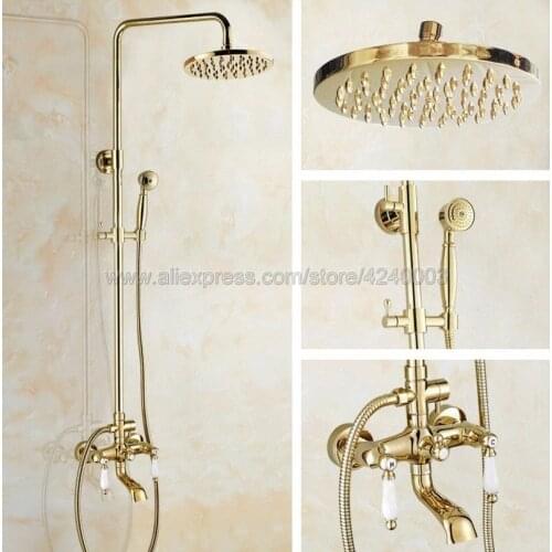 Gold Color Brass 8" Rainfall Round Showerhead Bathroom Shower Mixer Taps Wall Mount Tub Shower Faucet with Handshower Kgf362