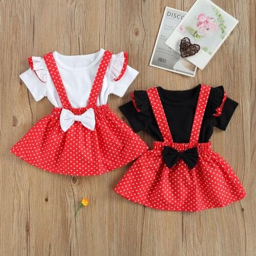 Toddler Girls Summer Outfits Ruffle Fly Sleeve T-shirt Tops + Bowknot Polka Dots Suspender Skirt 2 Piece Clothes Sets