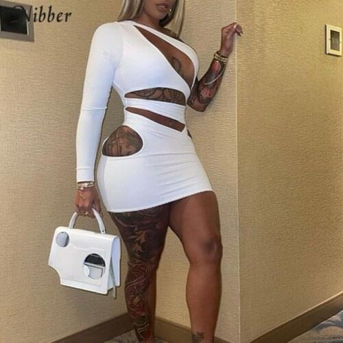Nibber Y2K Fashion One Shoulder Diagonal Collar Mini Dress Women Sexy Hollow Out Bodycon Dress Summer Party Club Clothes