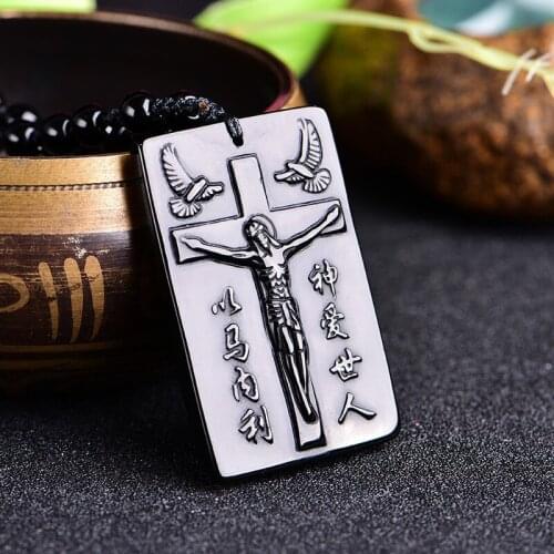 Natural Black Obsidian Cross Pendant Beads Necklace Charm Jewellery Fashion Accessories Hand-Carved Jesus Lucky Amulet Gifts