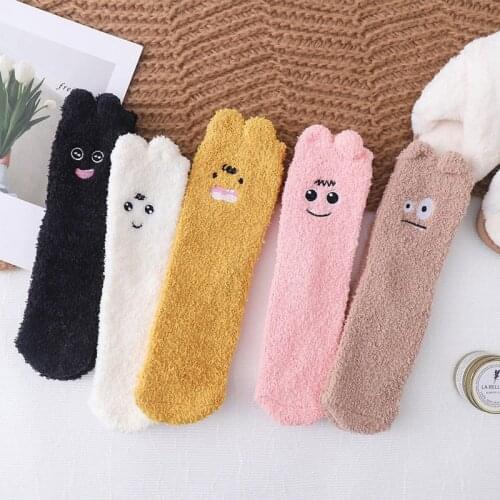 Coral Velvet Cotton Thick Cashmere Socks Women Kawaii Expression Fluffy Funny Ladies Short Sock Fashion Warm Casual Harajuku Sox