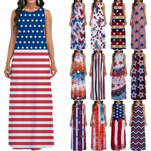 Independence Day Print Dress Summer Women Sleeveless Tank Top Maxi Dress Casual Sundress Beach Long Dress Women Vestidos 2021