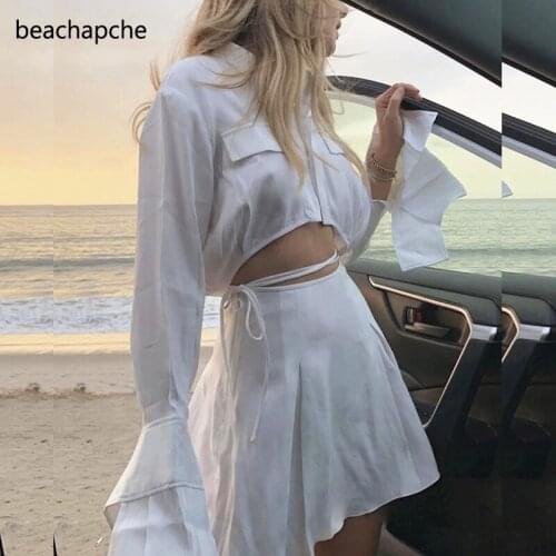 Beachapche 2021 Summer New Sexy Ladies Solid Two Pieces Long Sleeve Shirt + Lace-Up Mini Skirt Casual Set Cropped Top for Women