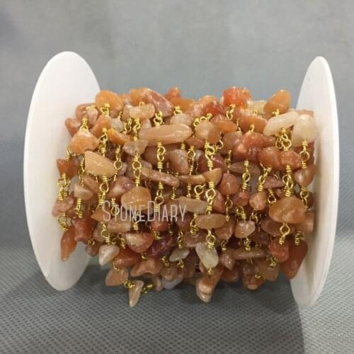 6-10mm Gold Electroplated Wire Wrapped Nugget Chip Red Aventurine Rosary Style Chain RC4985