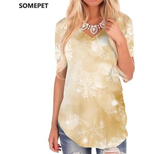 SOMEPET Christmas T-shirt women Snowflake V-neck Tshirt Pattern Funny T shirts Psychedelic Shirt Print Womens Clothing Hip hop