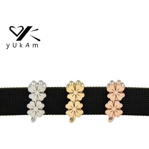 YUKAM Pave Slider Silver Color Gold Small Four Leaf Clover Slide Charms Keepers for DIY Mesh Bracelet Jewelry Accessories Making