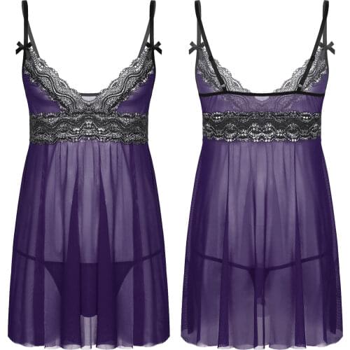 Deep V Neck Sexy Lingerie Night Dress With G-string Sissy Naughty Exotic Dresses Men Sleeveless Mesh Chemise Nightgown Sleepwear