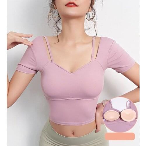 Spring Summer Womens Yoga T-Shirt With Chest Pads Slimming Thin Quick-Drying Gym Clothes Short-Sleeved Sexy Fitness Crop Top