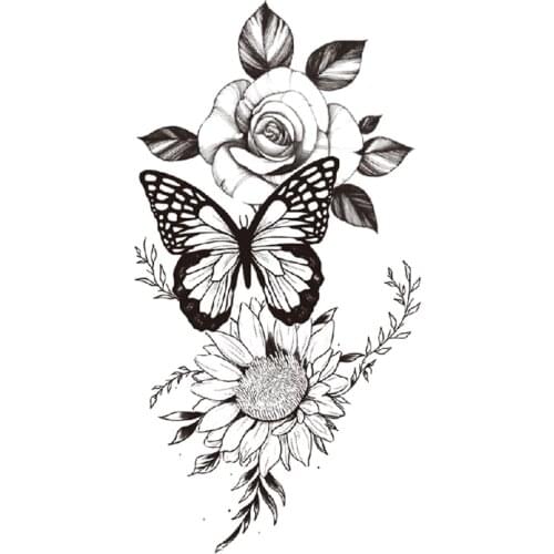 Plain Flower Waterproof Temporary Tattoo Sticker Black Butterfly Sunflower Rose Fake Tattoos Flash Tatoos Arm Body Art for Women
