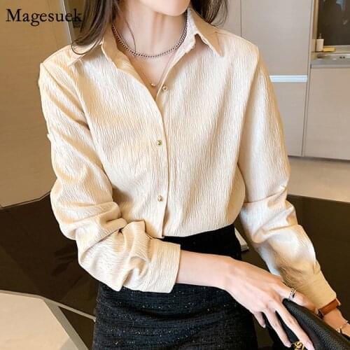 Casual Button Office Ladies Blouses Shirts Autumn New Fashion White Shirt Blouses Women Pleated Solid Female Tops Blusas 12892