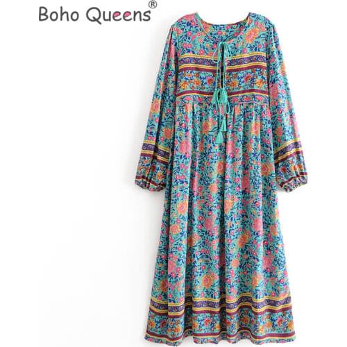 Boho Queens women green floral print beach long Bohemian midi dress Ladies Summer happie dress vestidos