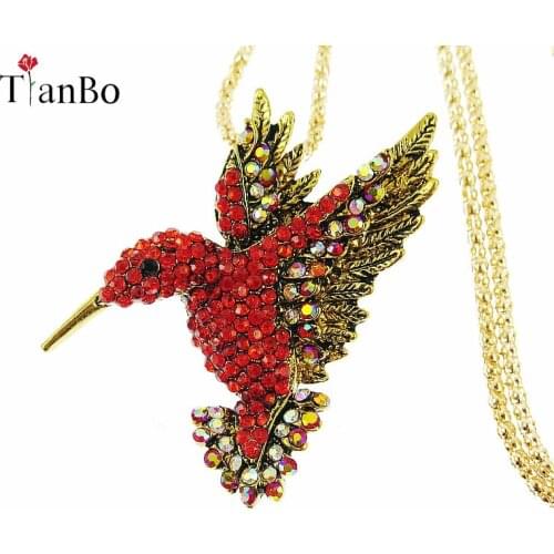 TianBo Jewelry Fashion Long Sweater Necklace 2018 Exquisite Colourful Enamel Crystal Animal Hummingbird Pendant Necklaces Women