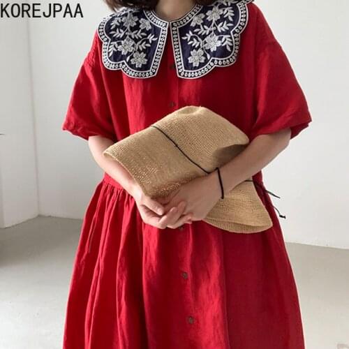 Korejpaa Women Dress 2021 Summer Korean Fashion Elegant Retro White Flower Embroidered Doll Collar Single Breasted Loose Vestido