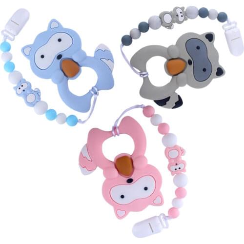 1Pcs Baby Molar Silicone Rubber Teether Pacifier Chain Clip Beads Cartoon Raccoon Bracelet Baby Teeth Necklace Silicone Beads
