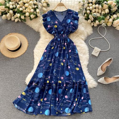 2021Summer Women Dress New Vintage Fashion Print V-neck Ruffled Sleeveless High Waist Thin and Large Swing Dress ladies dress