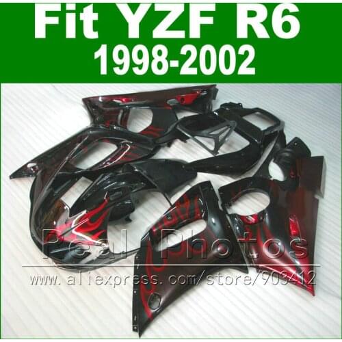 Free Custom Plastic parts for YAMAHA R6 fairing kit 1998 1999 2000 2001 2002 black flame YZF R6 fairings 98-02 bodywork