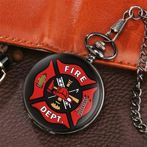 Fire Fighter Theme Quartz Pocket Watch Vintage Pendant Pocket Clock Fob Chain Antique Black Clock Gifts Kids Men Women