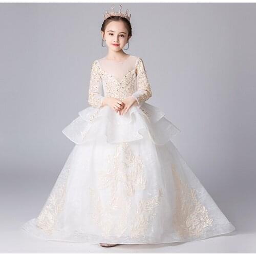 Flower Girl Dresses Illusion O-Neck Full Embroidery Sequined Princess Floor-Length Tulle Lace Luxury White Kids Party Gown H652