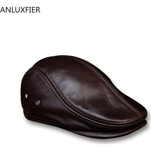 H6934 Leather Beret Cap Male Genuine Leather Winter Korean Version Recreational Hat Warm Cowhide Middle-aged Elderly Male Caps