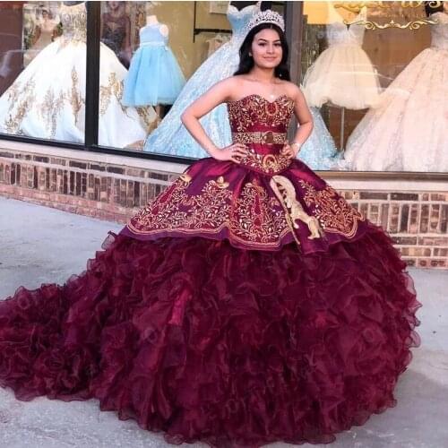 Vestidos De XV Anos Floral Charro Lace Quinceanera Prom Dress burgundy ruffles Embroidery Princess Sweety 16s Girls Masquerade