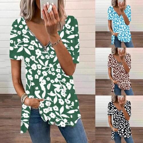 Summer Trend V-neck Loose Women Tops Casual Short-sleeved Floral Print Zipper T-shirt Plus Size Pullover Blouse Top Fleuri 5XL