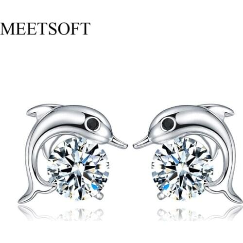 MEETSOFT Silver Plated Prevent Allergy Fashion Stud Earrings for Women Design Trendy Crystal Dolphin Small White Jewelry Gift