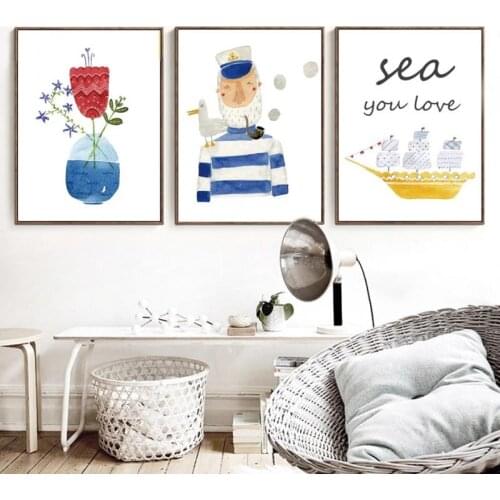 Cute Cartoon Watercolor Sense Old Captain Sailor Sailing Boat Vase Canvas Painting Nursery Kids Room Wall Decor Printing Poster