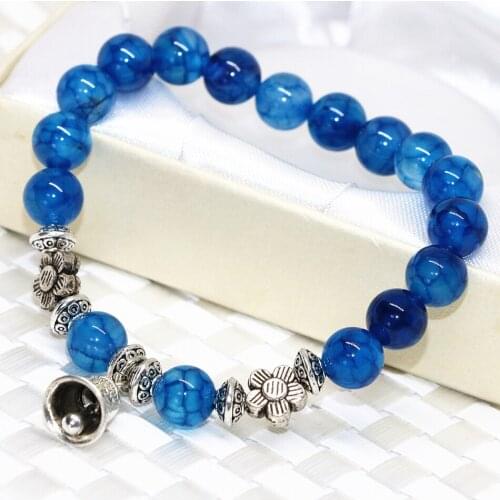 Fashion Natural Stone Strand Bracelets Agat Blue Popcorn Carnelian 8mm Round Beads Bell Pendant Hot Sale Jewelry 7.5inch B2062
