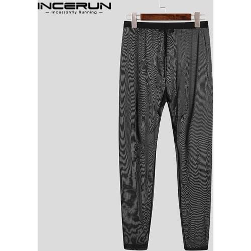 Men Mesh Sleep Pants Solid Color Elastic Waist See Through Skinny Homewear Trousers Underwear Sexy Mens Sleep Bottoms INCERUN