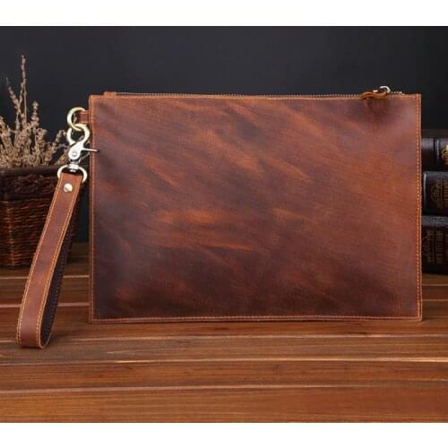 Crazy Horse Real Genuine Leather Men Envelope Clutch Wallet Business Bags Large Capacity Cellphone Document Hand Wristlet Purse