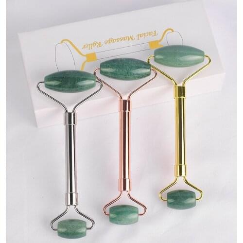 Jade Face Massage Roller Natural Green Aventurine Metal Stick Acupuncture Massager Body Foot Scraper Facial Beauty Gift Box