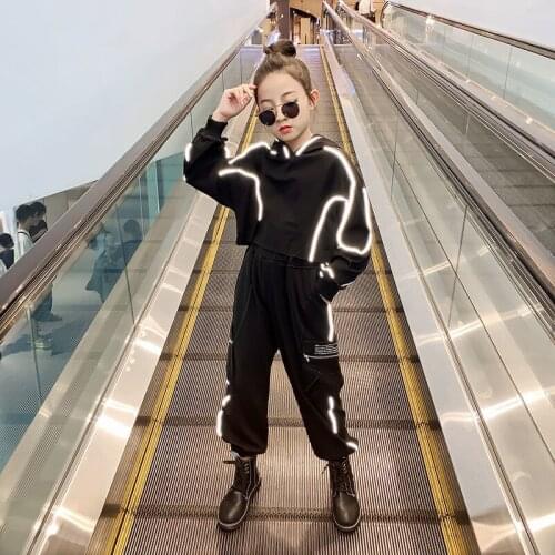3-13 Years Spring Autumn Children Girls Clothes Suit Reflective Jacket Pants 2Pcs/sets Active Clothing Kids