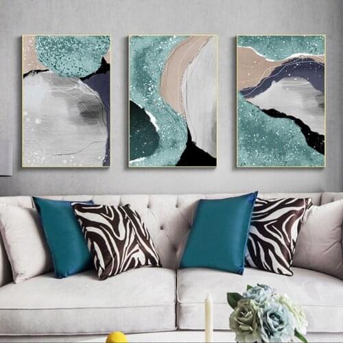 Simple nordic abstract marble frameless paint modern ink triptych living room porch background wall hanging painting frameless