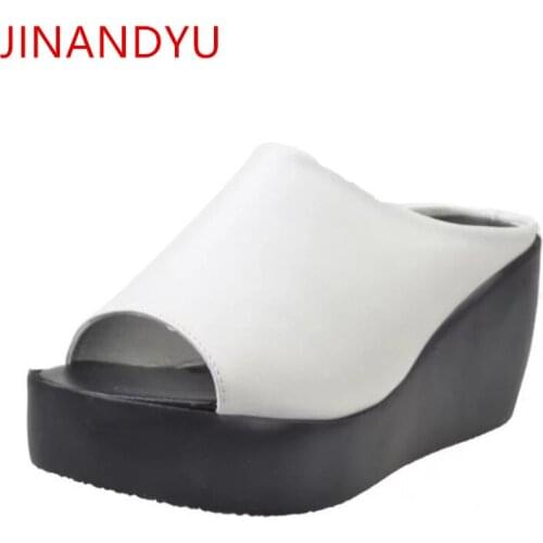 Leather Sandal Wedges Black White Slippers Womens Heels Platform Sandals for Women Ladies High Heel Shoes Summer Mules Slipper