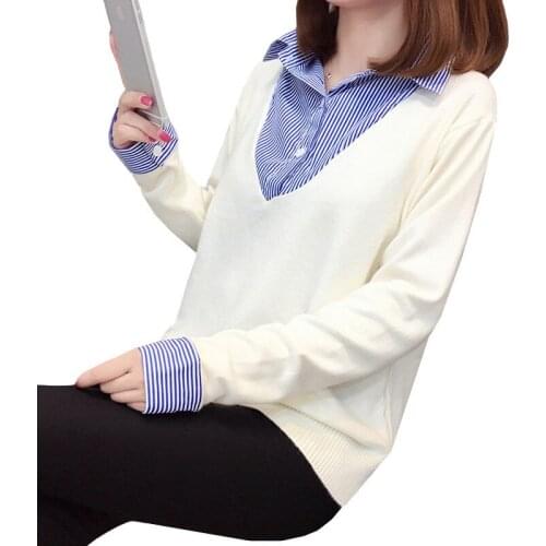 2018 Spring Autumn Women Sweater Fake Two-piece Shirt Collar Splice Striped Pullover Knit Loose Long Sleeve Female Sweater S42