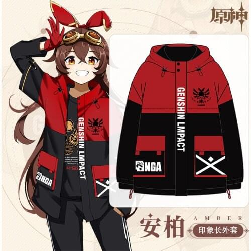 Anime Genshin Impact Amber Mondstadt Fashion Loose Hooded Hoodie Coat Men Women Winter Harajuku Sweatshirt Pullover Tops Cosplay