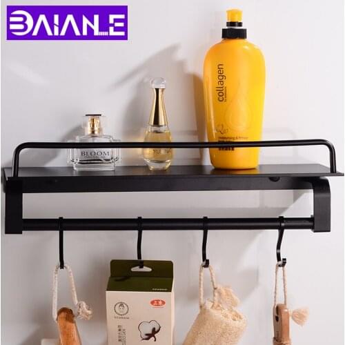 Black Bathroom Shelf Corner Organizer Aluminum Decorative Bathroom Shelves Shower Storage Rack Layer Rack with Hook Wall Mounted