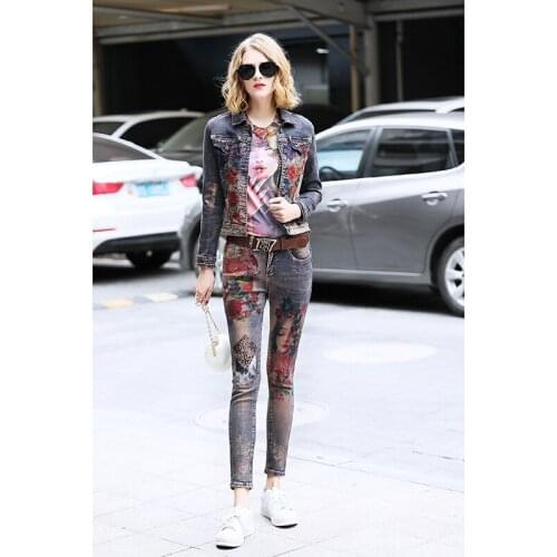 Chic butterfly print women Denim jackets+pencil Jeans two piece set 2019 Spring autumn Denim pantsuits D819