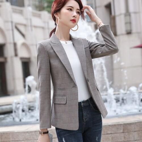 Vintage Office Lady Notched Collar Plaid Women Blazer Single Button Autumn Jacket 2020 Casual Coats Female Suits Coat S-4XL