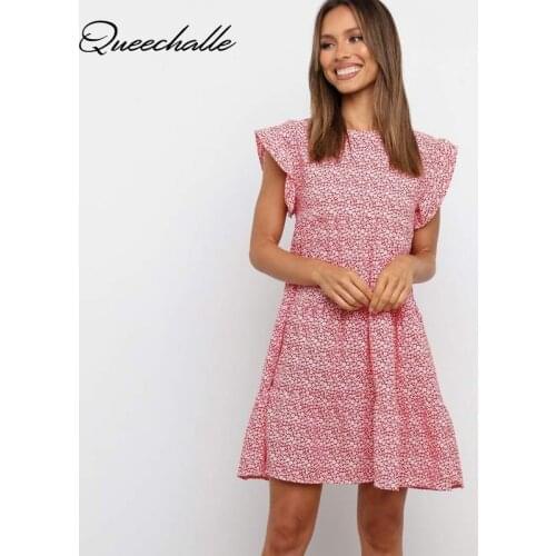 Red Elegant Ruffles Boho Dress Summer 2021 Vintage Floral Print Ruffle Sleeveless A-line Dress Women Beach Causal Vestidos