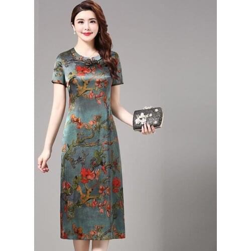 2021 summer Chinese style retro cheongsam slim print medium length dress