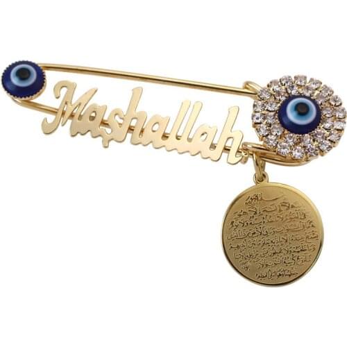 Koran AYATUL KURSI Mashallah Stainless Steel crystal brooch turkey evil eye Baby Pin