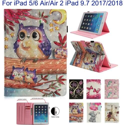 Stand Wallet Card Slot Case For Apple iPad 9.7 2017/2018 iPad Air Air2 Case Cover Funda Tablet Fashion Owl Skull Pattern Shell