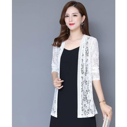 Elegant Solid Cardigan Womens Summer Blouse 2021 Casual Long Sleeve Blusa Female Thin Lace Plus Size Tops Kimono Cape Y247