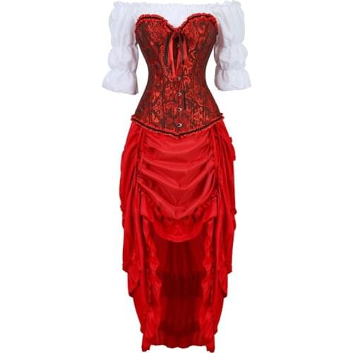Corset dress top 3 piece set front high and low irregular skirt bustiers corsets sexy masquerade costume gown halloween red sexy