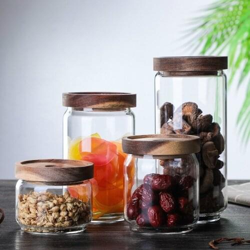 Glass sealed jar coffee bean storage jar miscellaneous grains storage jar tea jar large acacia wood cover